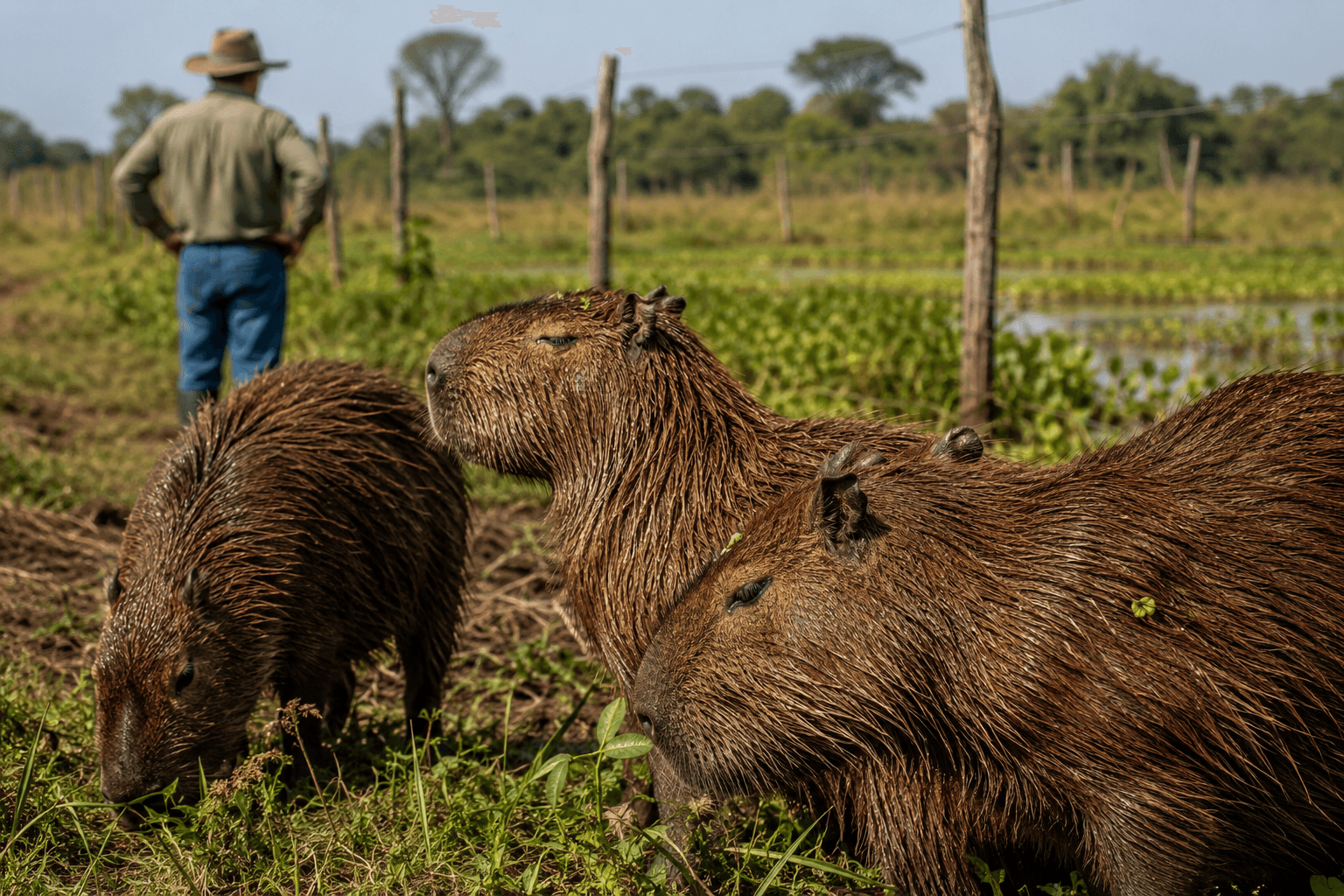 Produtor rural observa capivaras próximas à área de pastagem em propriedade rural