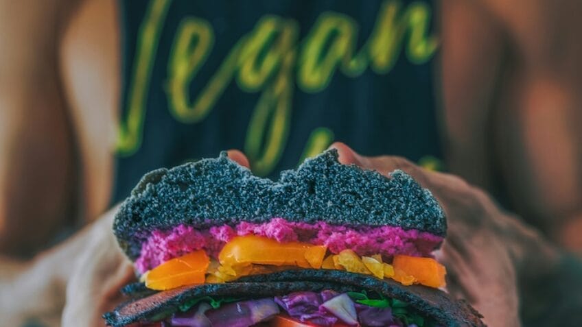 Homem segurando sanduíche vegano enquanto debate sobre veganismo e produção rural cresce no Brasil