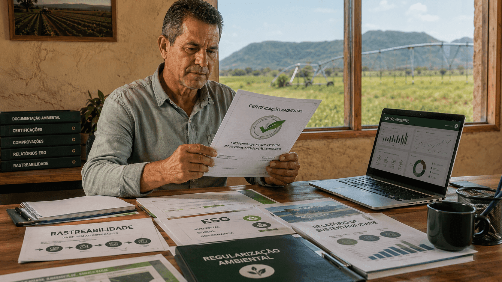 Produtor rural analisando documentação ambiental e gestão de dados para acesso a crédito sustentável — sustentabilidade como critério