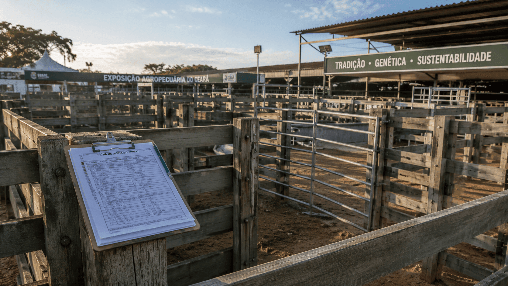Produtor rural em curral de exposição agropecuária no Ceará, cercas de madeira, sem rostos em foco