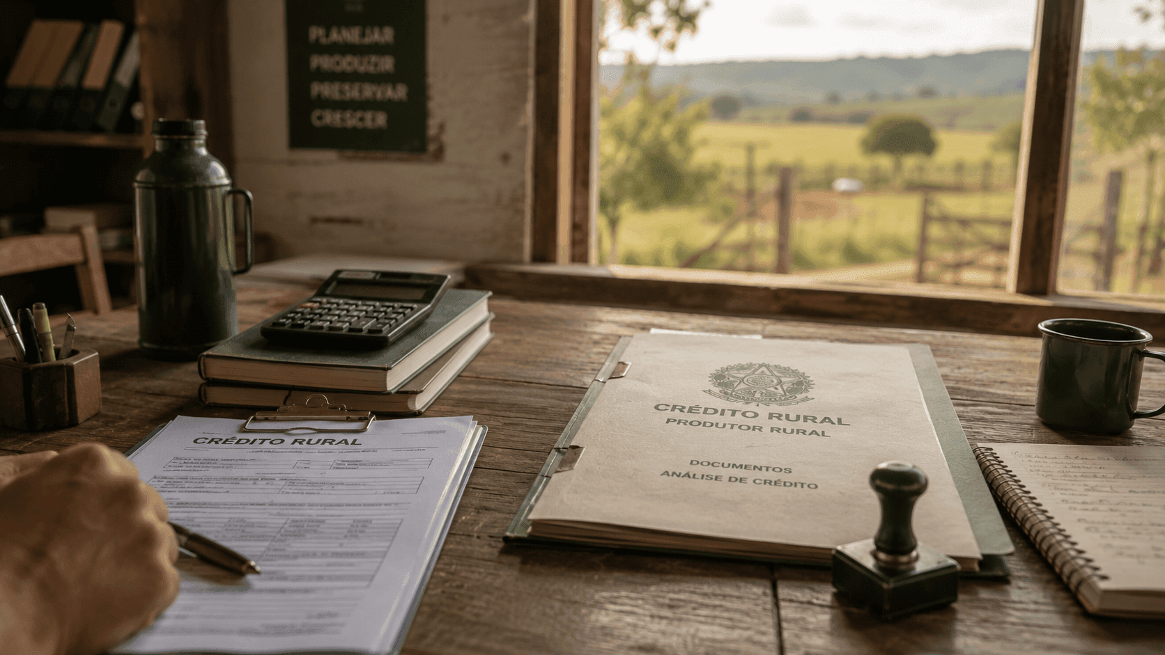 Documentos de crédito rural sobre mesa de escritório em propriedade agrícola, sem rostos em foco