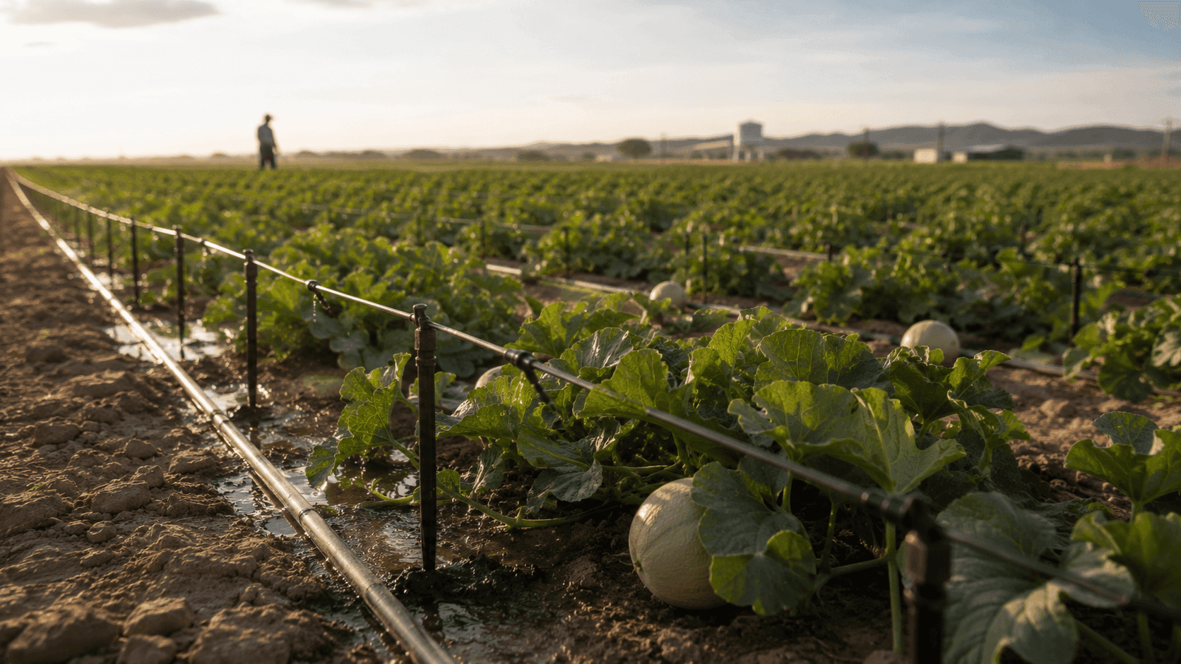 Sistema de irrigação em área de fruticultura no semiárido cearense, com pomar organizado e infraestrutura moderna ao fundo