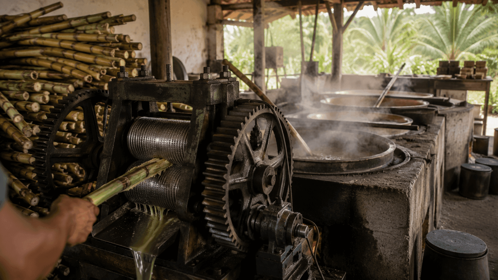 Engenho de cana-de-açúcar artesanal no interior do Ceará, com moenda tradicional e caldeirões de cobre em uso
