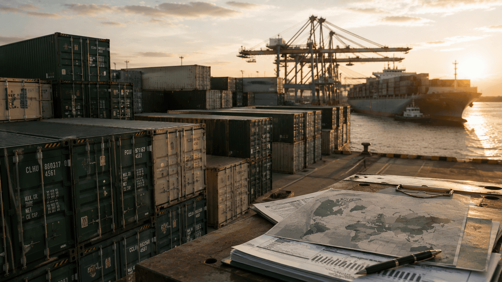 Contêineres de exportação em porto, representando o comércio internacional agrícola
