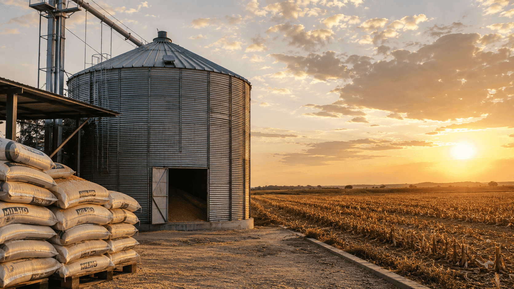 Silo de armazenagem de grãos em propriedade rural do Ceará, ao entardecer, sem pessoas em foco.
