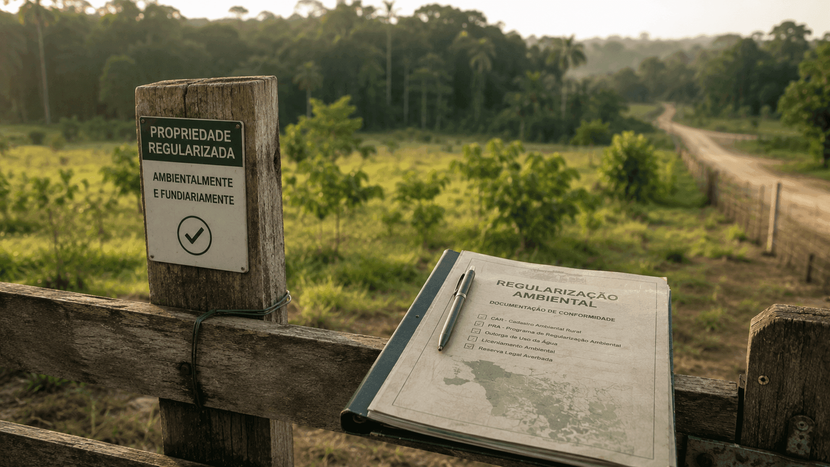 Área rural regularizada após decisão sobre embargo ambiental, documentos e mapa fundiário, sem rostos em foco
