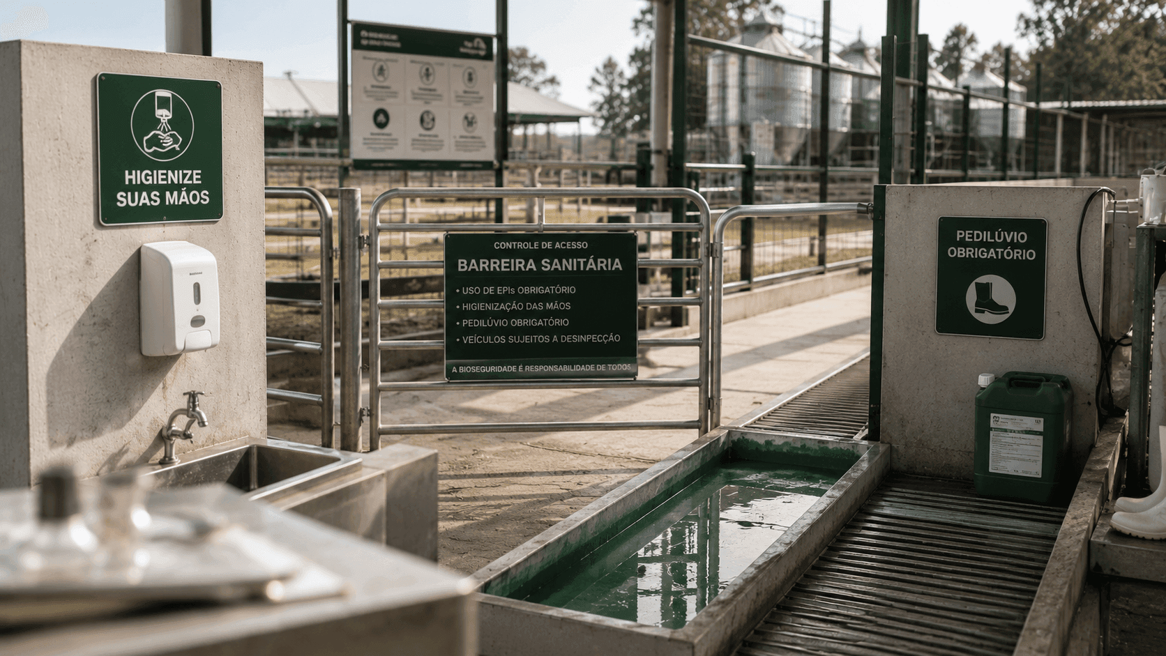 Estrutura de biosseguridade em propriedade rural, cerca sanitária e ponto de desinfecção, sem rostos em foco