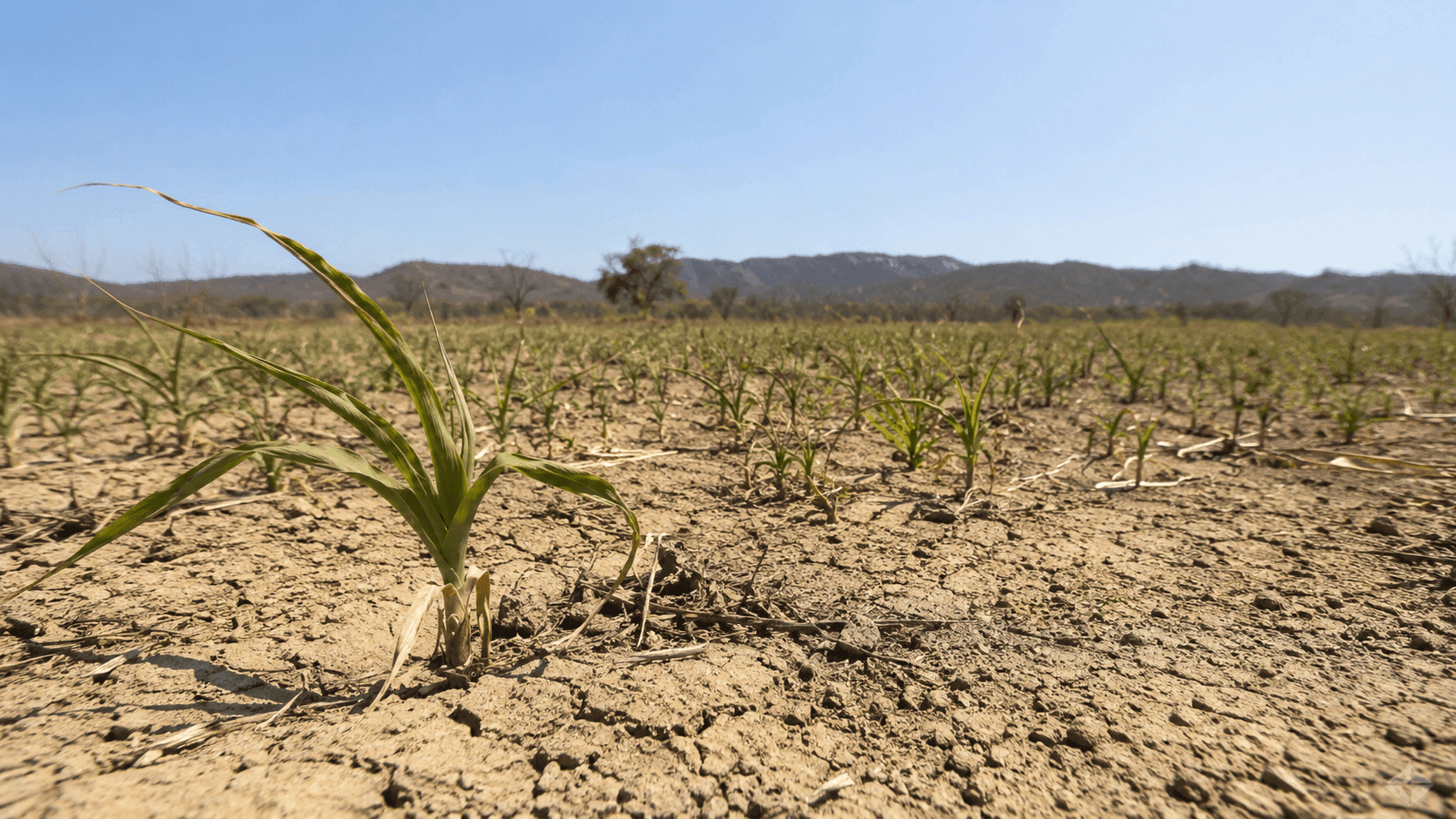 Solo seco e rachado em área de plantio de sequeiro no semiárido cearense, sob céu claro e forte incidência solar