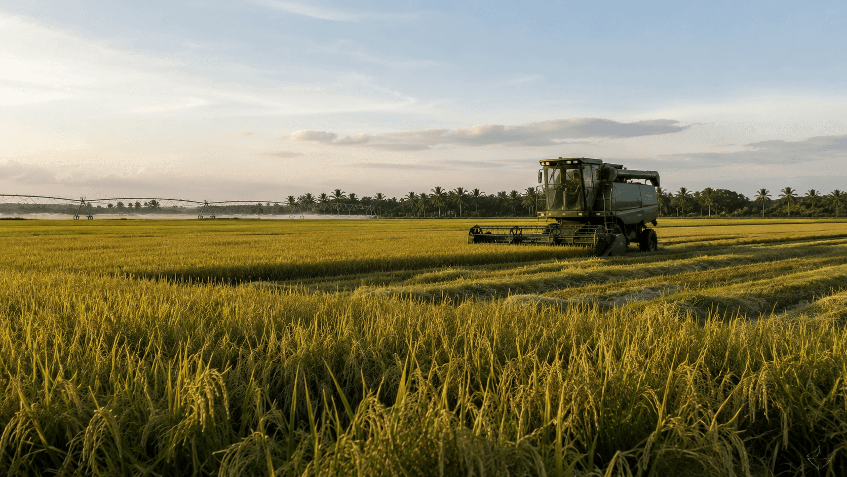 Lavoura de arroz em fase de colheita no Nordeste, ao entardecer, sem pessoas em foco.