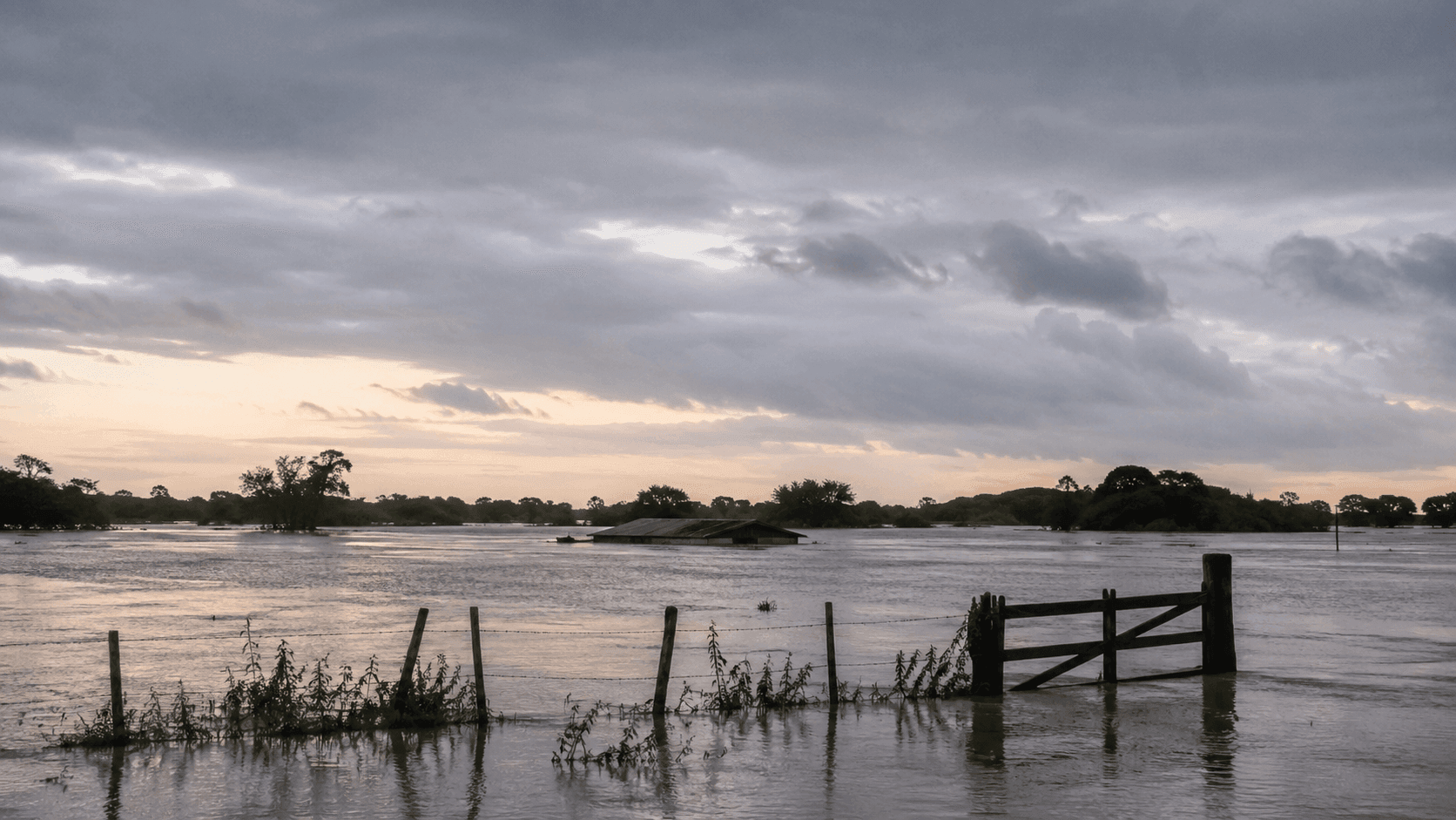 Área rural alagada no Rio Grande do Sul, sob céu nublado, ao entardecer