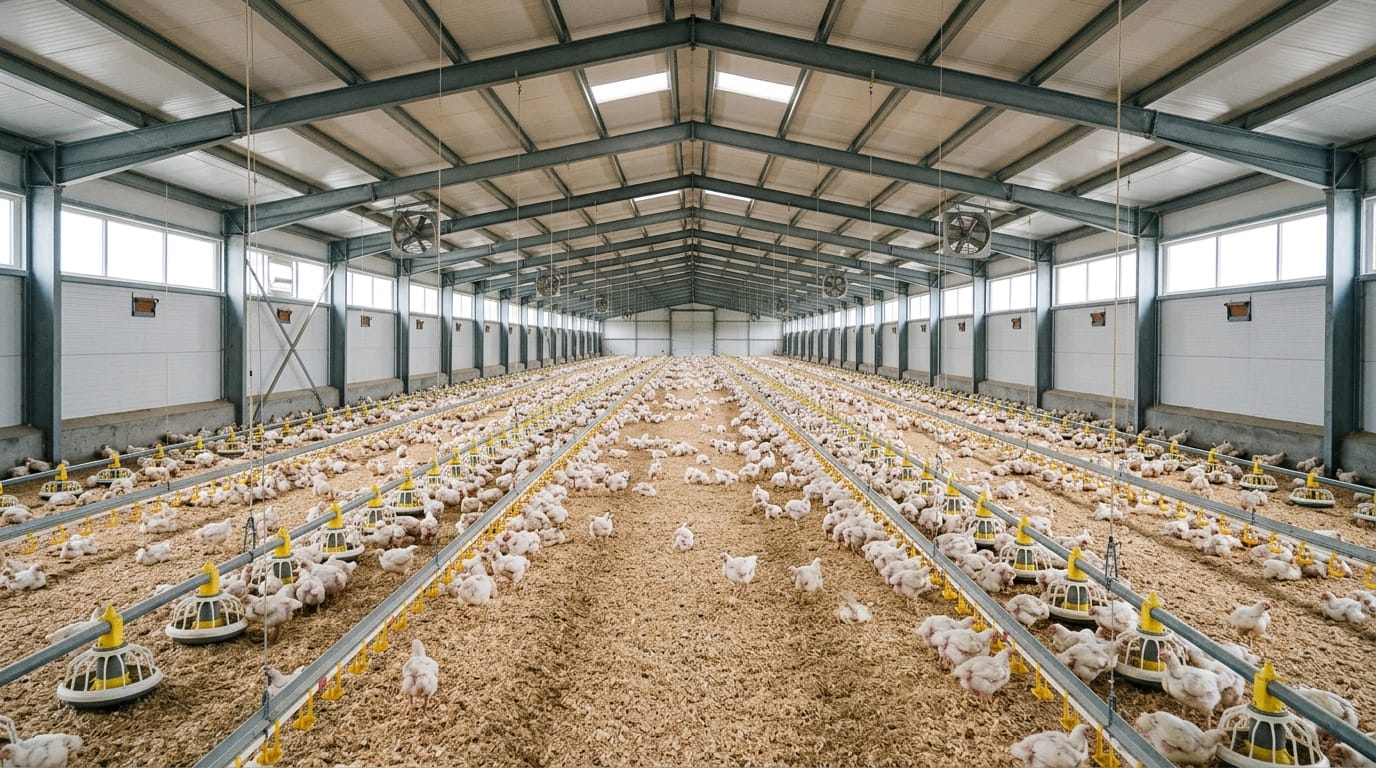 Galpão de avicultura moderno com fileiras de comedouros e ventilação adequada para bem-estar animal.