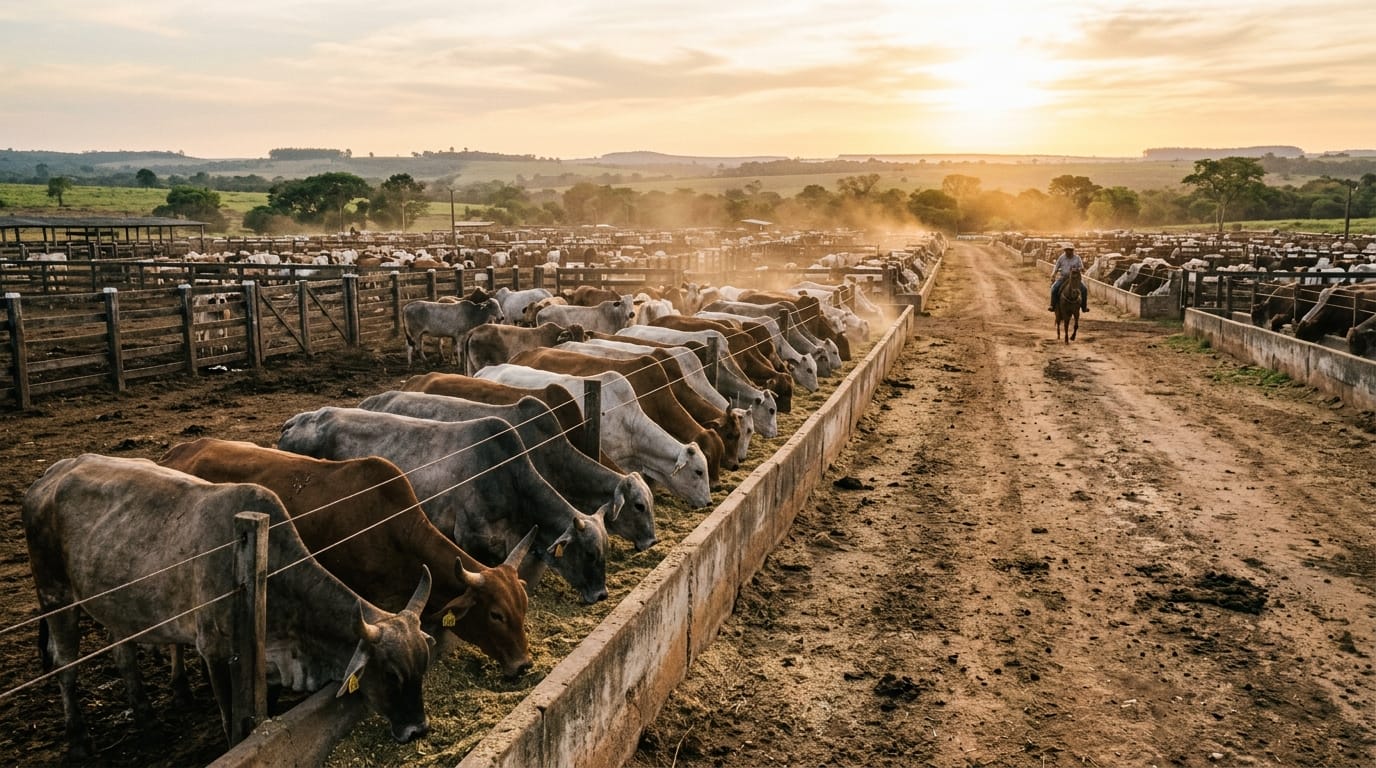 Gado de corte se alimentando no cocho em um confinamento durante o amanhecer
