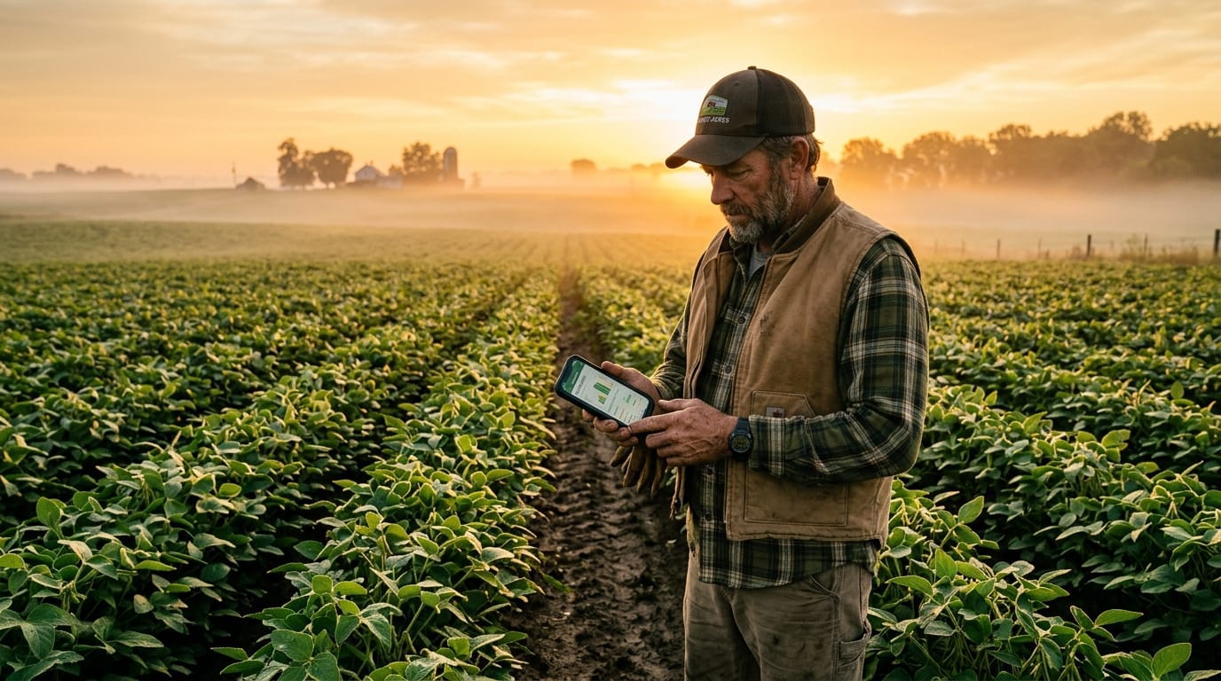 Produtor rural no campo analisando o impacto da inflação nos Estados Unidos nas cotações agrícolas