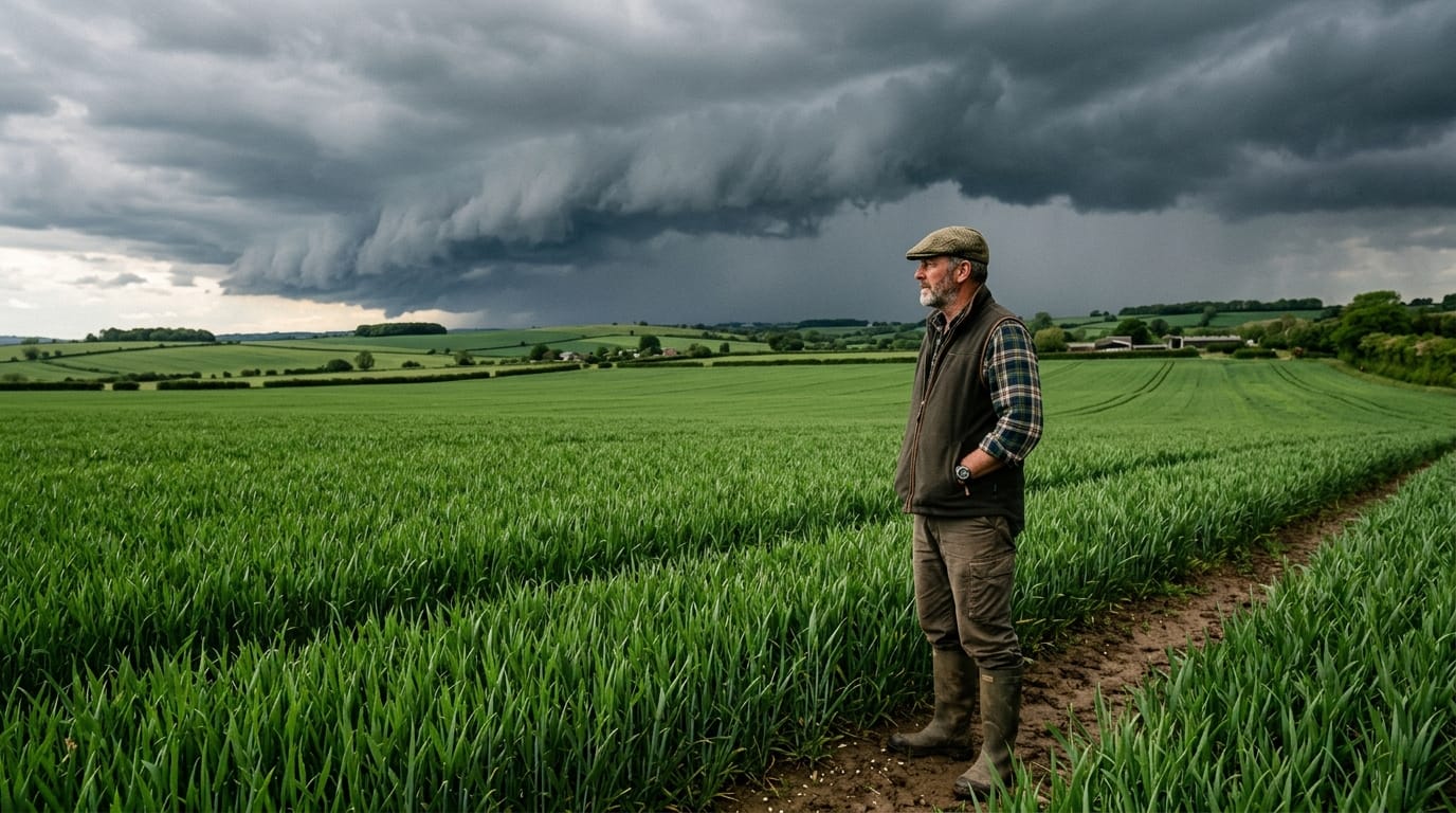 Produtor rural observando as chuvas na primavera no campo e o céu carregado de nuvens