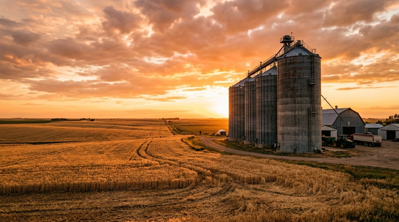 Silos de grãos ao pôr do sol após a alta dos grãos em Chicago
