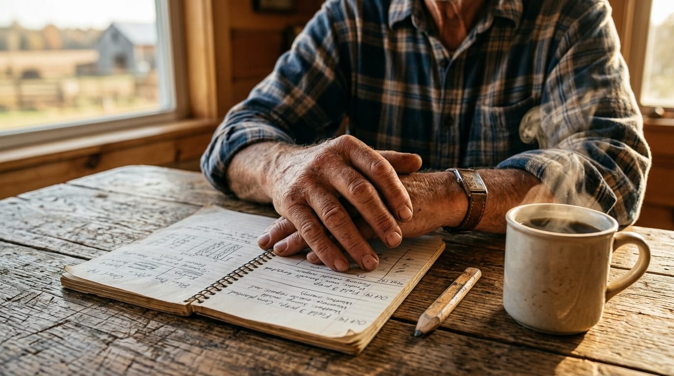 Produtor rural fazendo contas em caderno sobre o impacto dos juros no campo ao lado de uma xícara de café