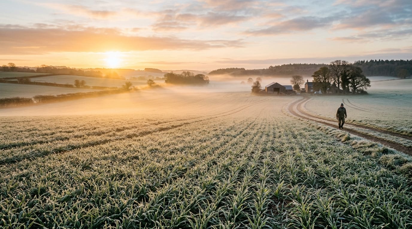 Lavoura ao amanhecer sob os efeitos da massa de ar frio no campo