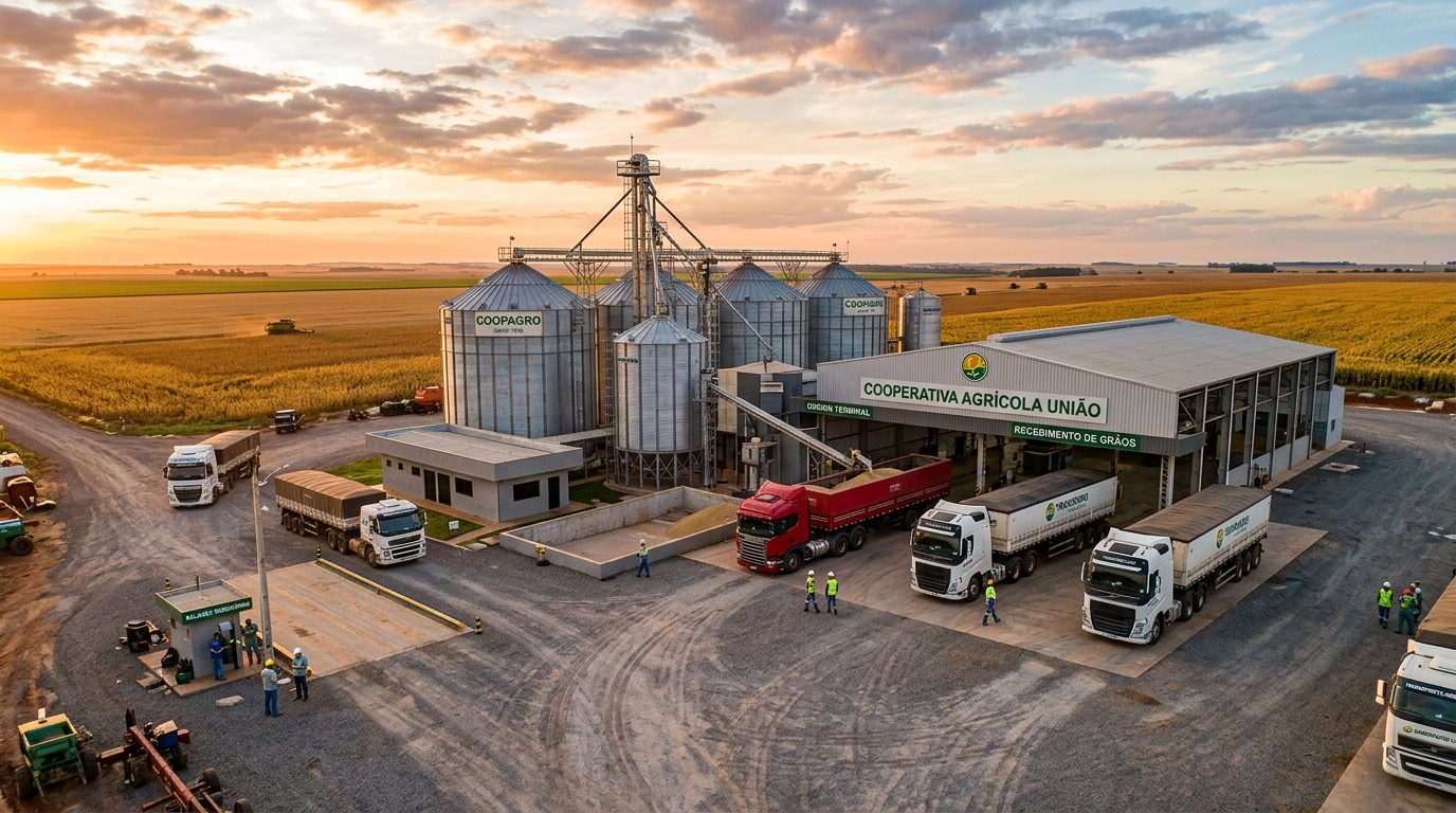 Armazém e escritório da Copagril no Mato Grosso com caminhões de transporte de grãos.