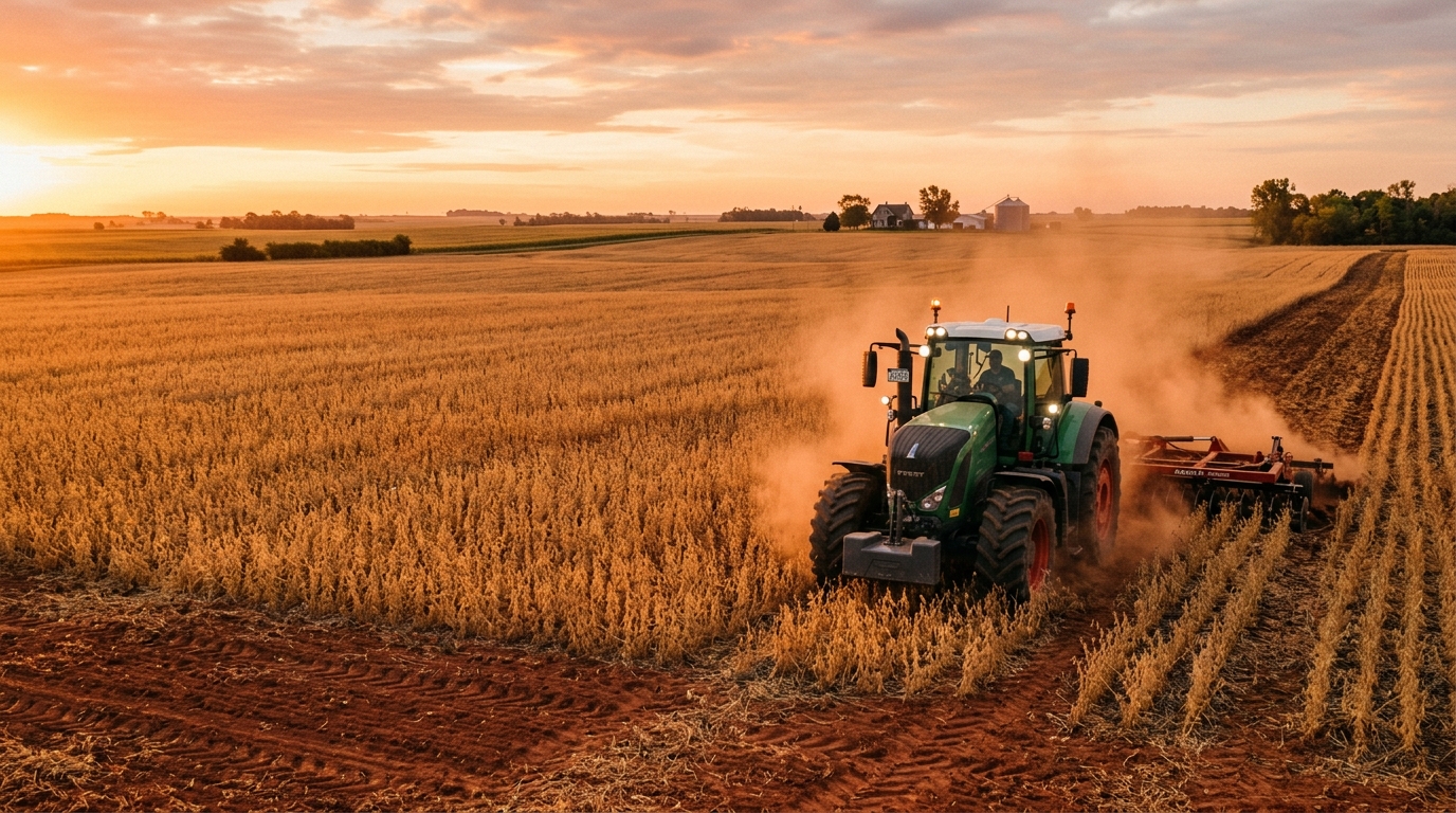 Trator colhendo grãos em lavoura fértil destacando a força do agronegócio no PIB de Goiás