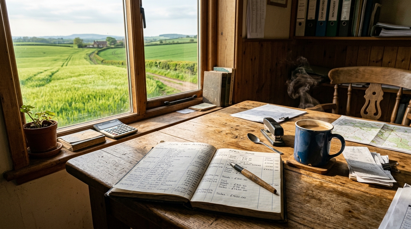 Mesa rústica de fazenda com caderno de contas para planejamento da proteção financeira do produtor