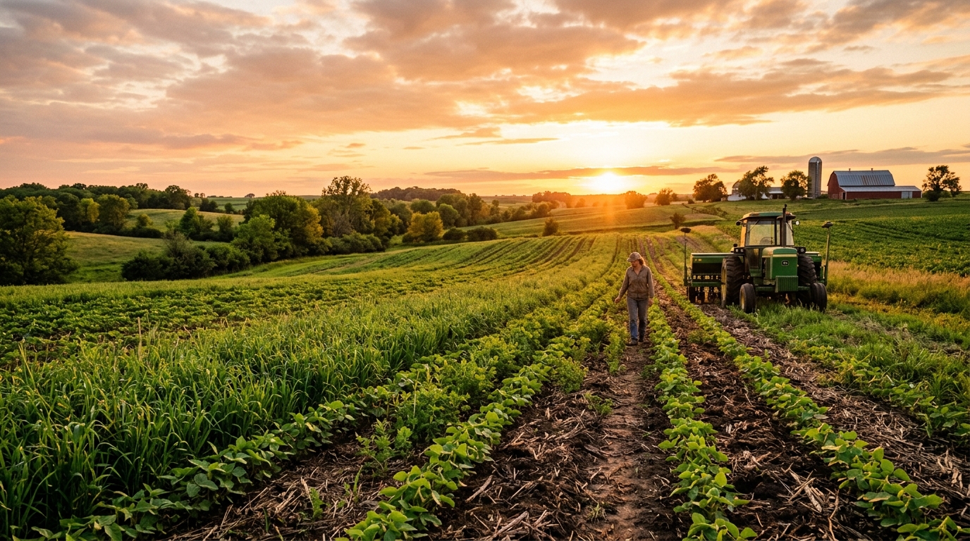 Produtor rural caminhando em lavoura sustentável destacando a liderança do Brasil no agro
