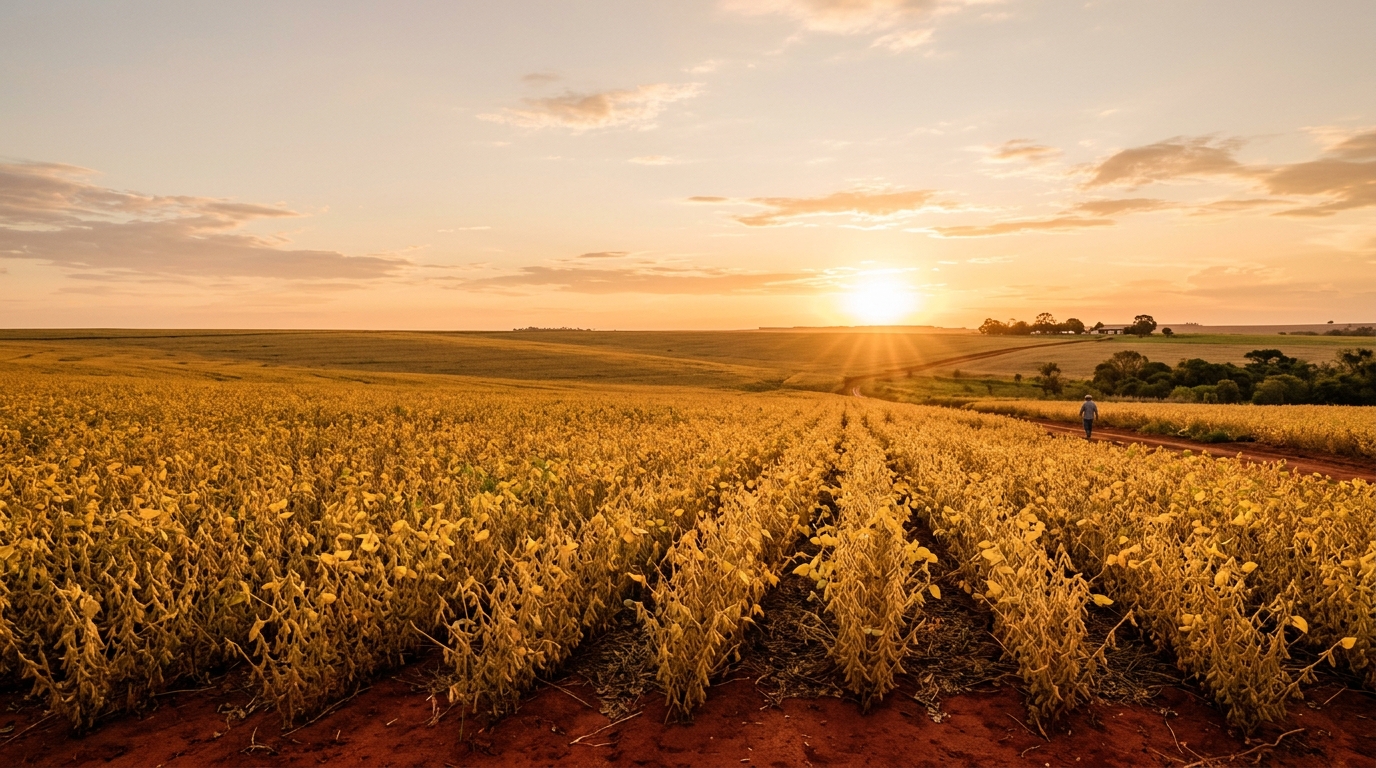 Lavoura fértil durante o entardecer no campo, simbolizando o PIB do agronegócio de Goiás