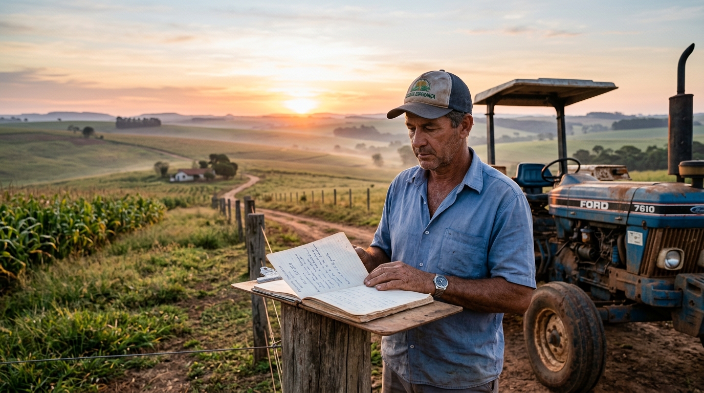Produtor rural avaliando documentos sobre recuperação judicial no agronegócio