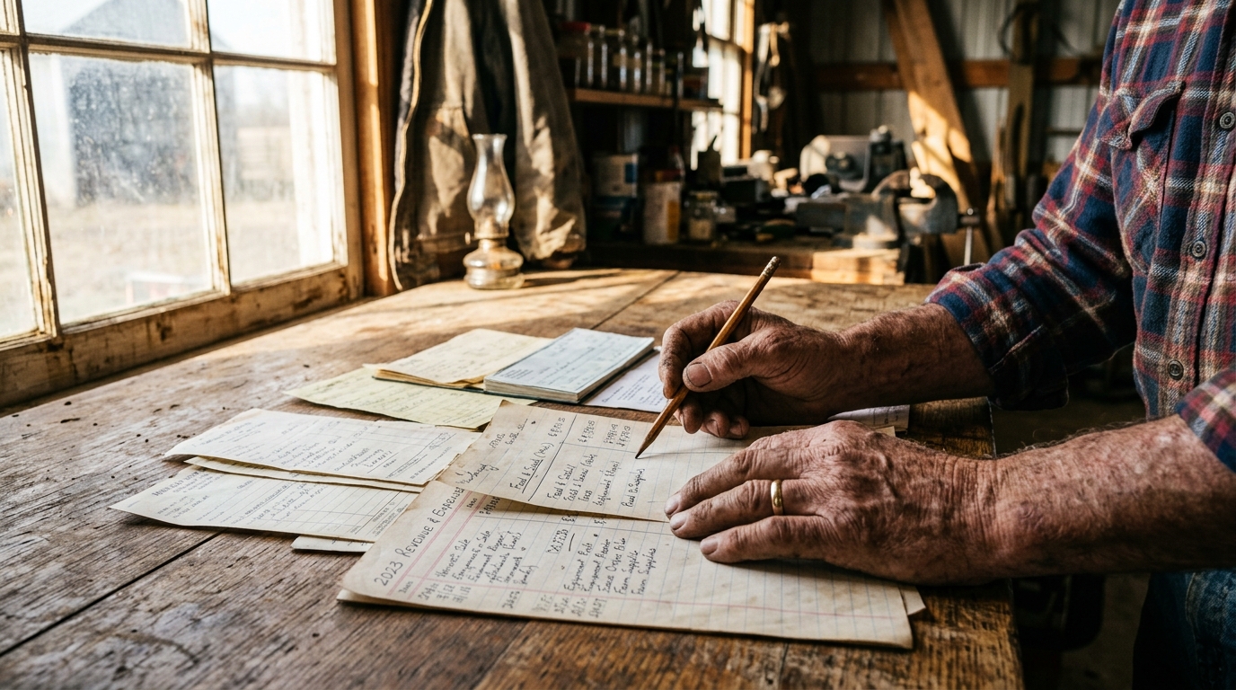Produtor rural analisando planilhas e contratos de crédito rural e recuperação judicial
