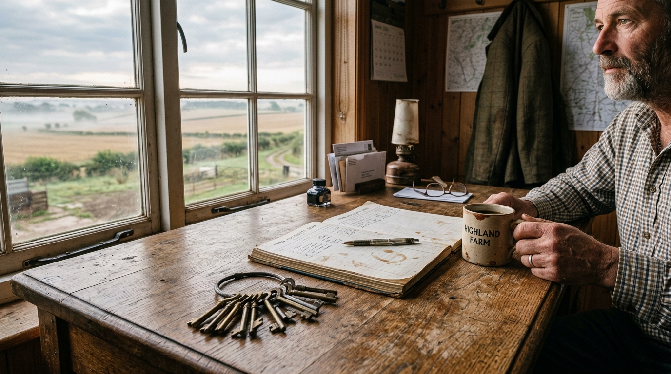 Produtor analisando documentos sobre crédito rural e recuperação judicial na fazenda