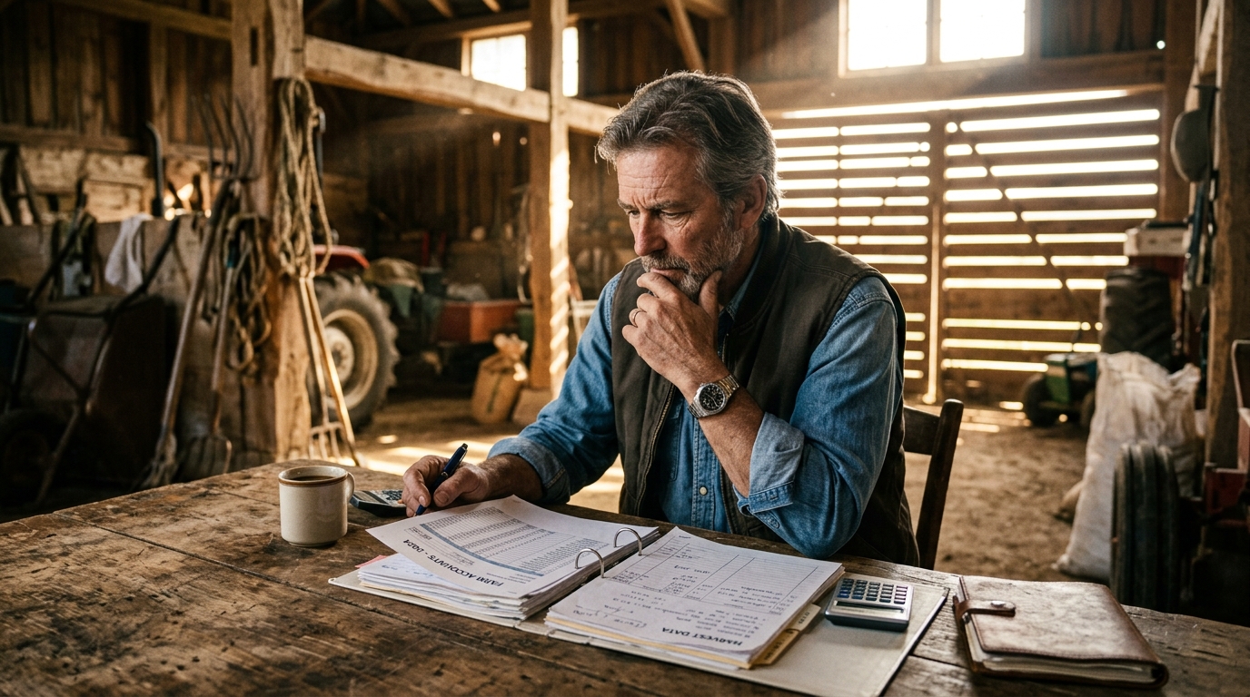 Produtor rural analisando contratos em discussão sobre crédito rural e recuperação judicial