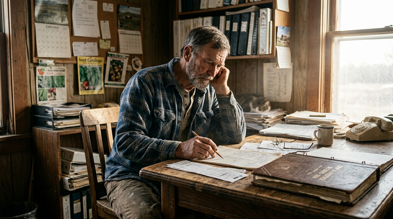 Produtor rural analisando documentos sobre crédito rural e recuperação judicial na fazenda