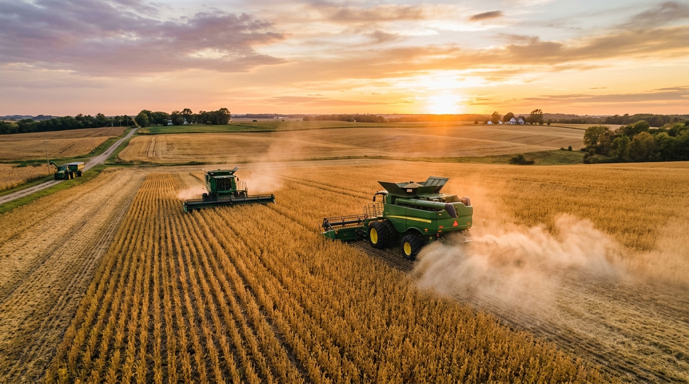 Colheitadeira moderna operando em plantação ao entardecer com foco no agro na economia brasileira