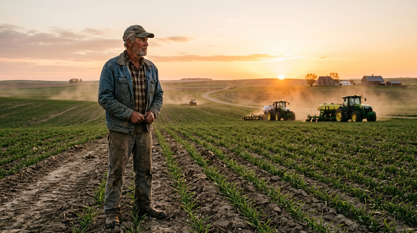 Produtor rural observando sua lavoura ao amanhecer durante o processo de recuperação judicial do produtor