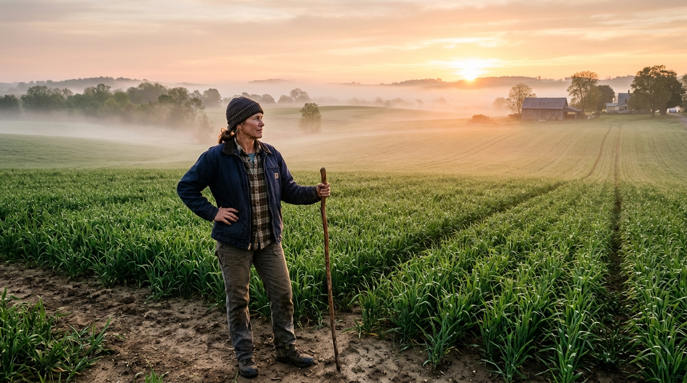 Produtor rural caminhando pela lavoura ao amanhecer em meio ao debate de recuperação judicial no agronegócio