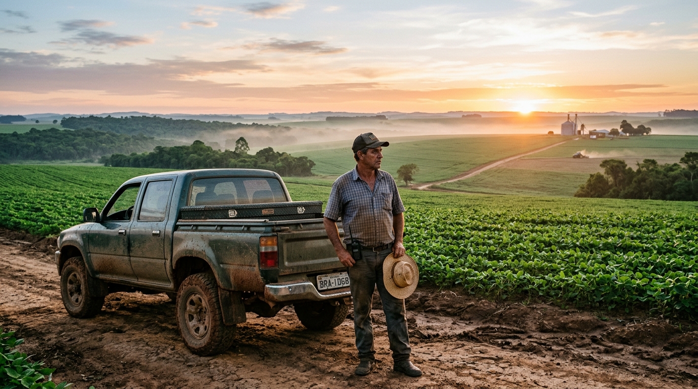 Produtor rural observando a lavoura ao amanhecer refletindo sobre segurança jurídica no agronegócio