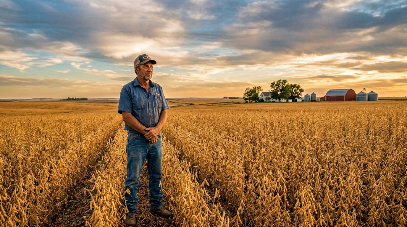 Produtor rural observando lavoura de soja durante processo de recuperação judicial no agro