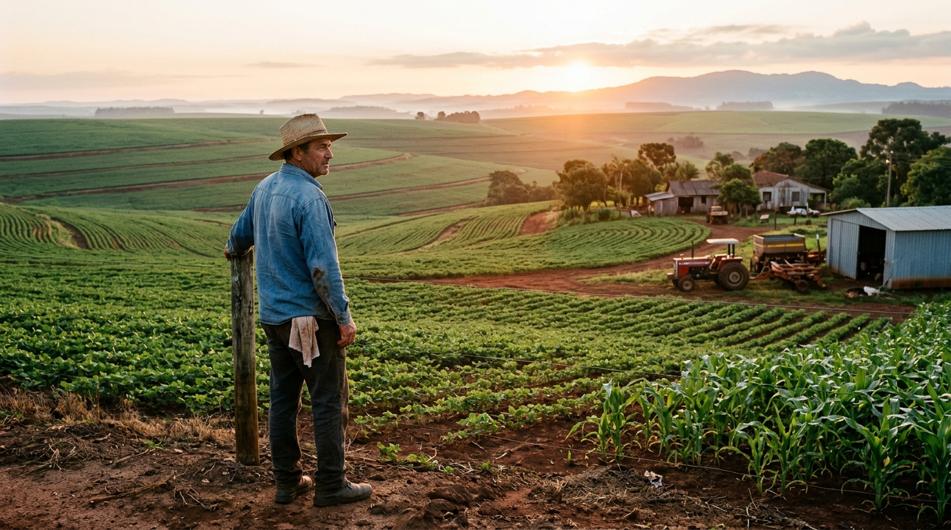 Produtor rural em sua propriedade avaliando opções entre recuperação judicial ou alongamento