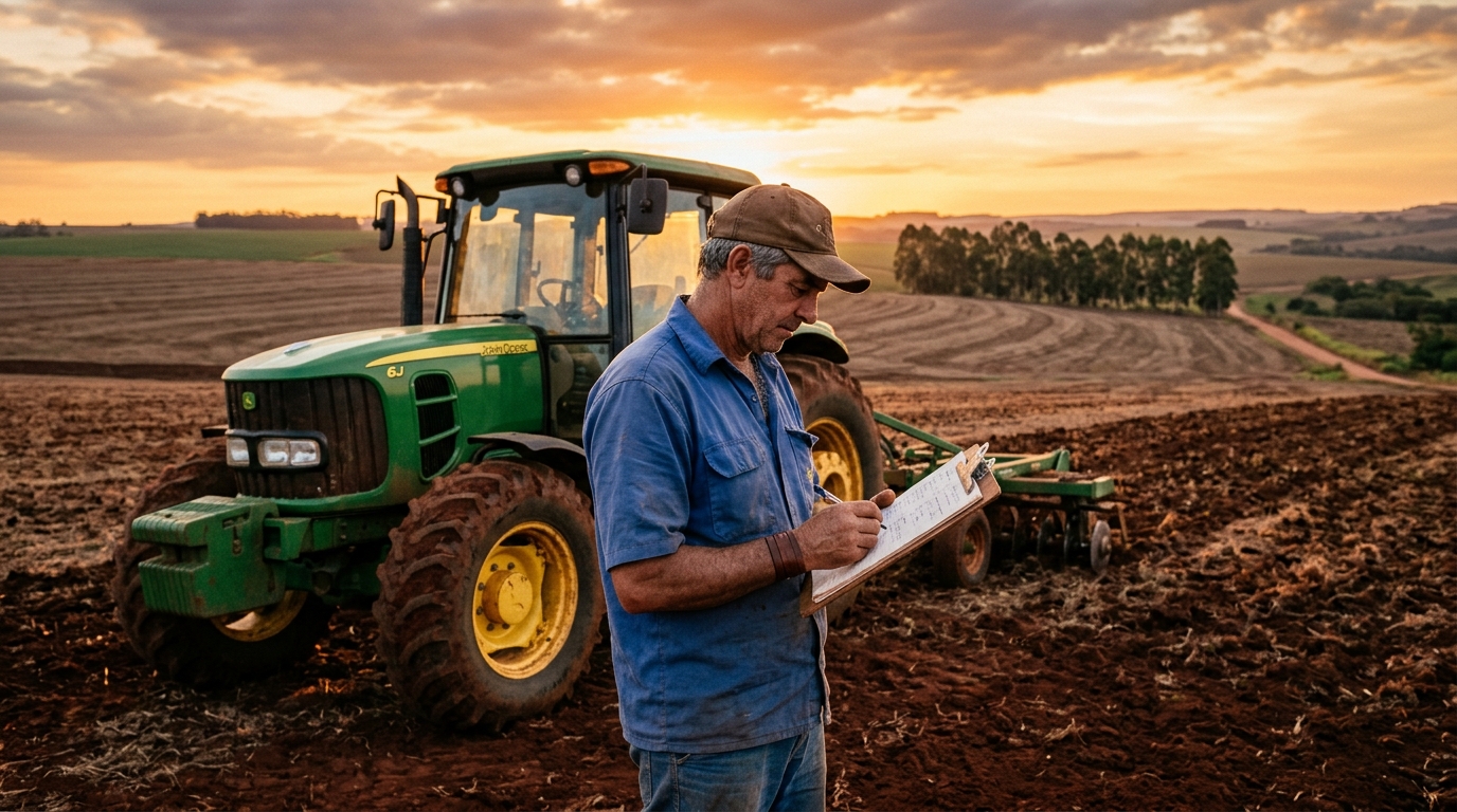 Produtor rural avaliando planejamento da safra diante do aperto de crédito rural.